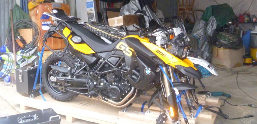 Tips for packing motorbikes for air freight - BMW 800GS and DR650 together on our MDF base.