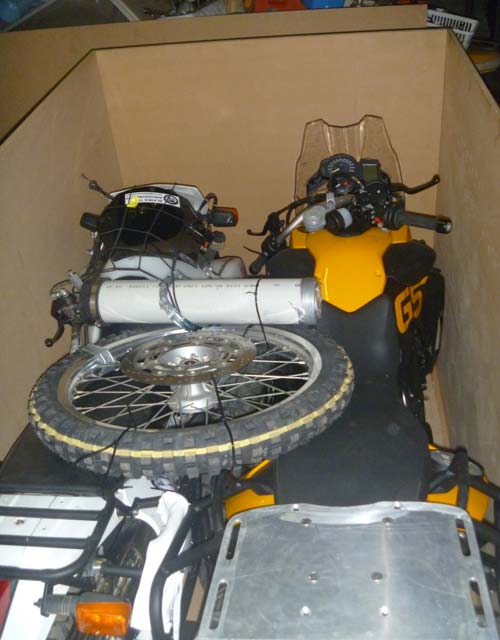 DR650 and 800GS packed in with sides on the crate. 