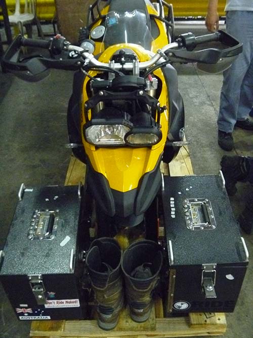 Tips for packing motorbikes for air freight - 800GS on treated wood crate built by shipper.